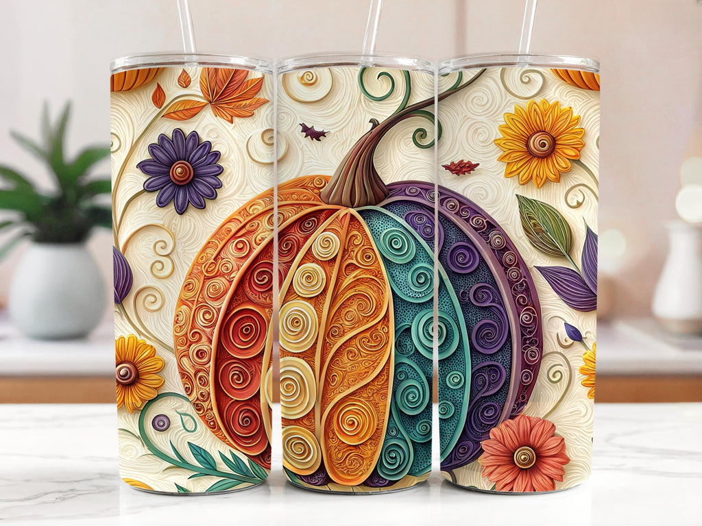 Pumpkin Tumbler Wrap: Colorful Fall Floral Design (Digital Download PNG, 20oz Skinny Tumbler)