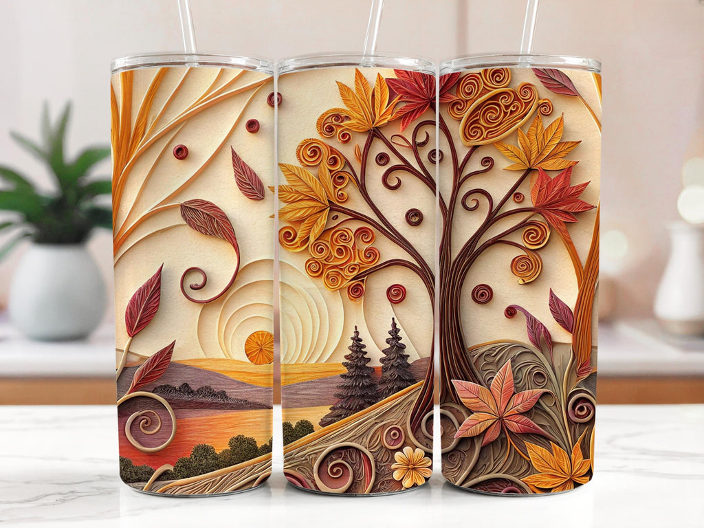 Autumn Tree Tumbler Wrap: Fall Leaves Quilling Art (PNG Digital Download)