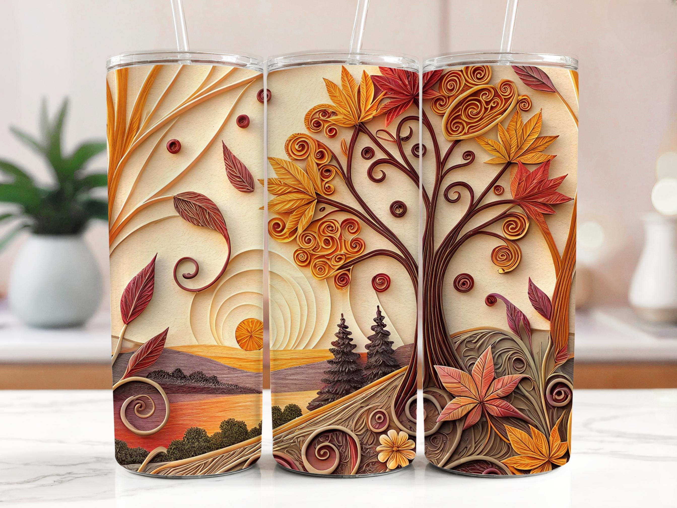 Autumn Tree Tumbler Wrap: Fall Leaves Quilling Art (PNG Digital Download)