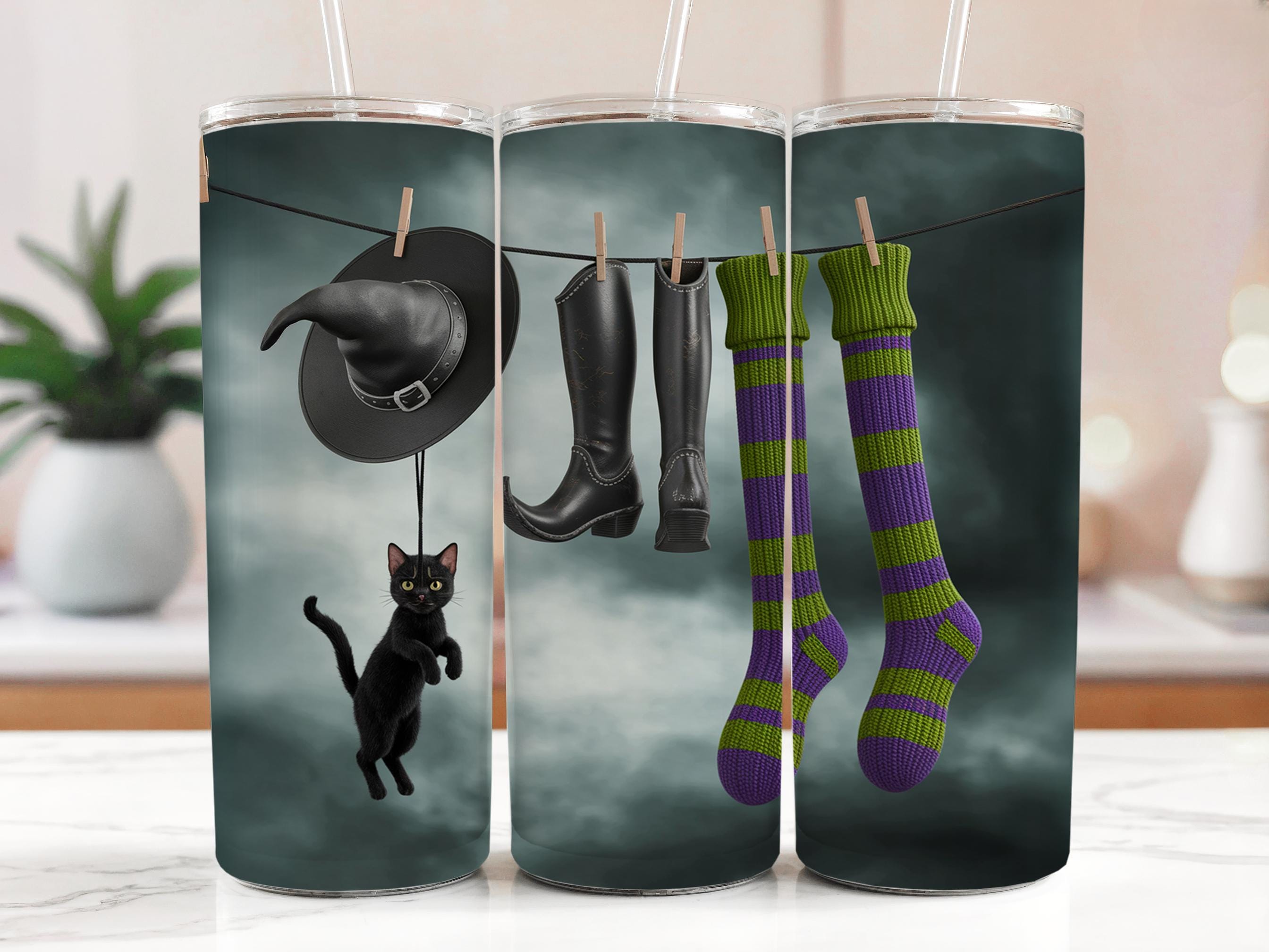 Witch Tumbler Wrap: Halloween Cat & Apparel Design (PNG Digital Download 20oz Skinny Tumbler Template)