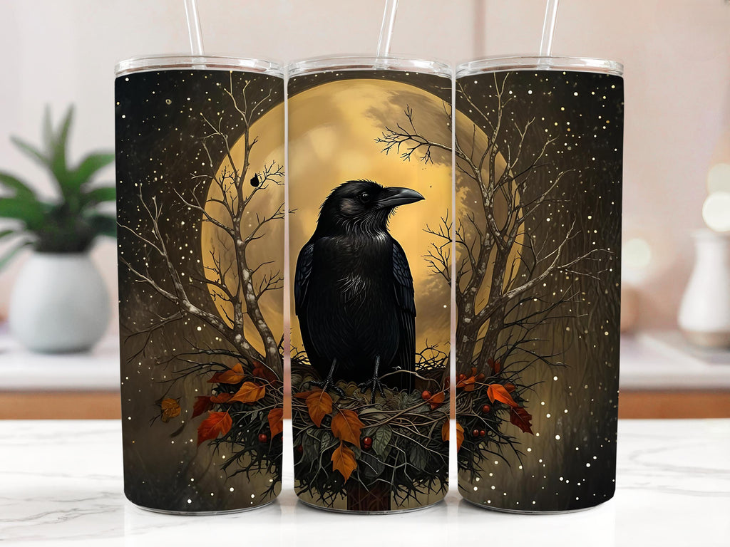 Raven Full Moon Tumbler Wrap: Autumn Bird PNG Design (Digital Download))