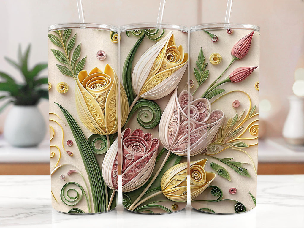 Paper Quilled Tulip Tumbler Wrap: Floral PNG Design (Digital Download)