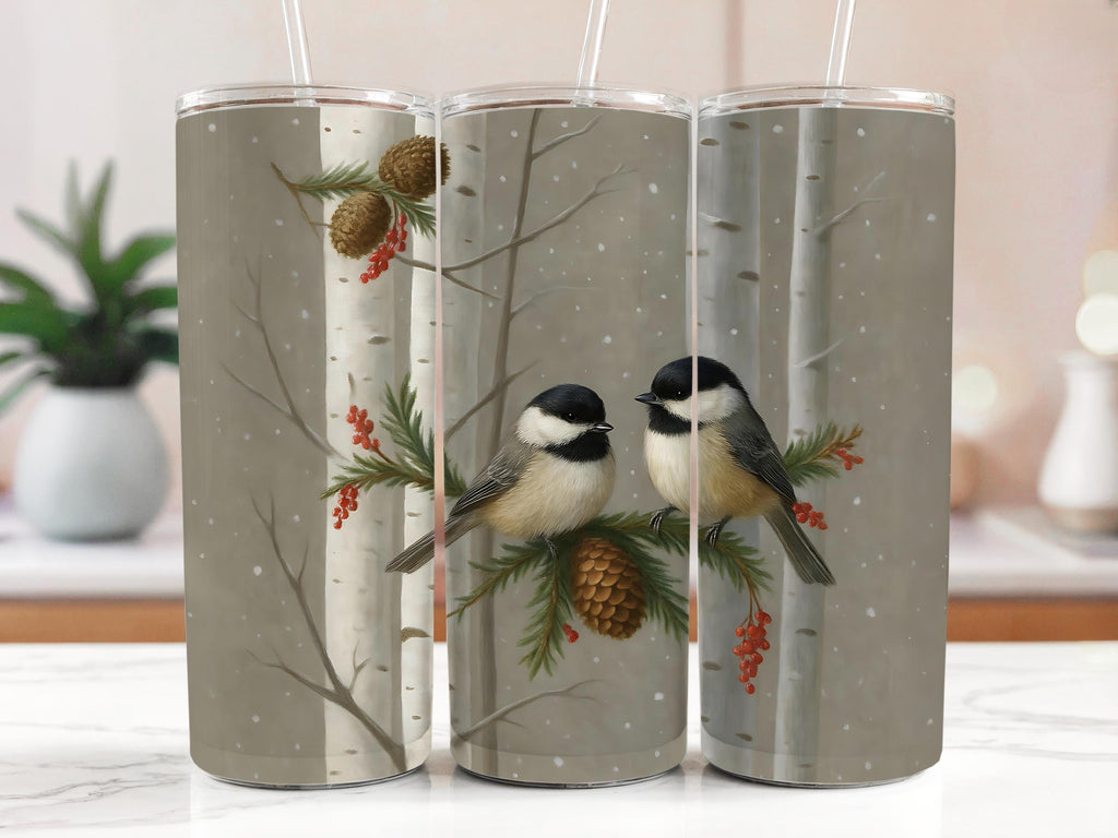 Winter Chickadee Tumbler Wrap: Birch Tree 20oz Skinny Tumbler PNG (Digital Download