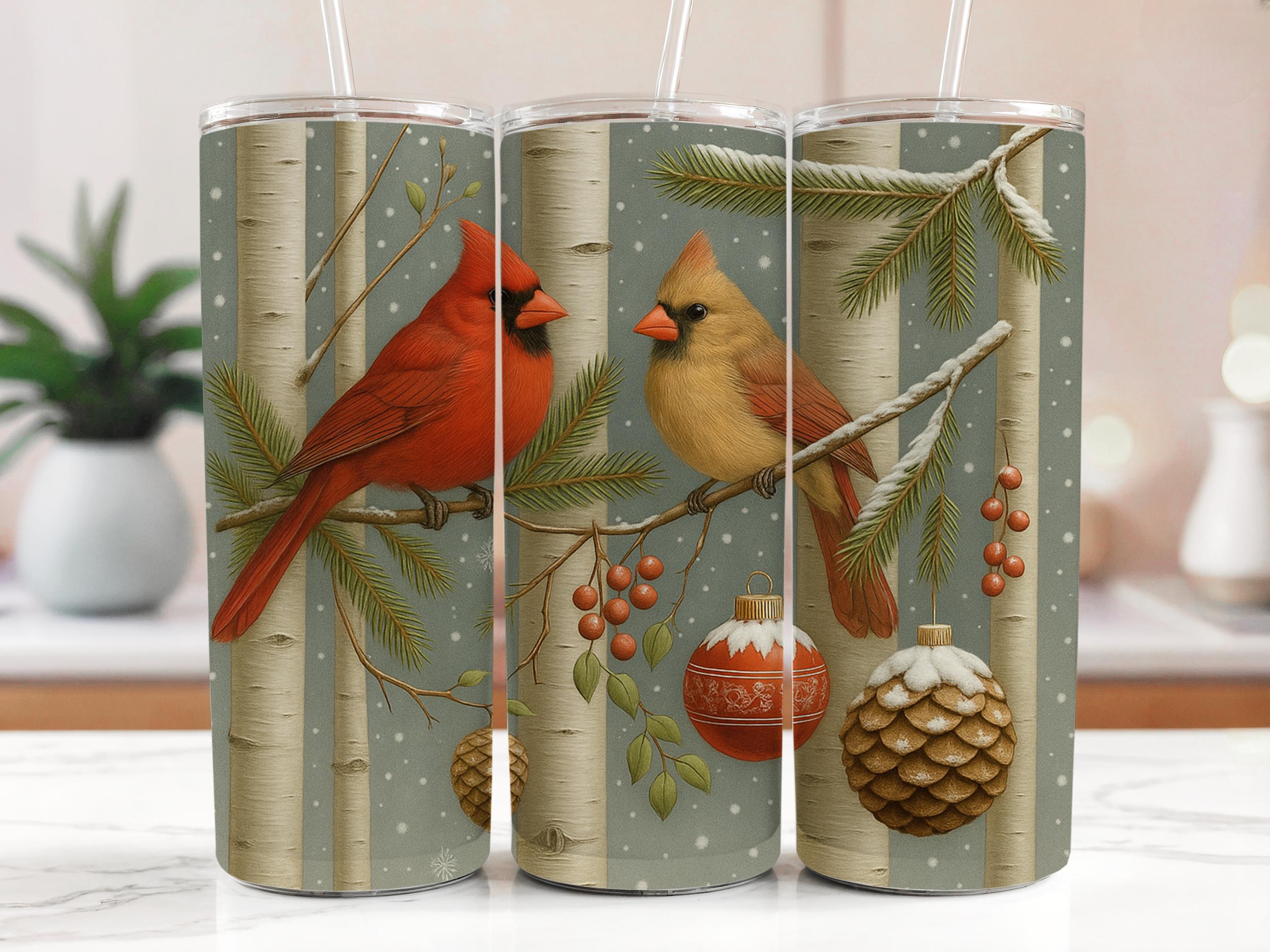 Cardinal Winter Scene Tumbler Wrap: Birch Tree PNG (Digital Download)