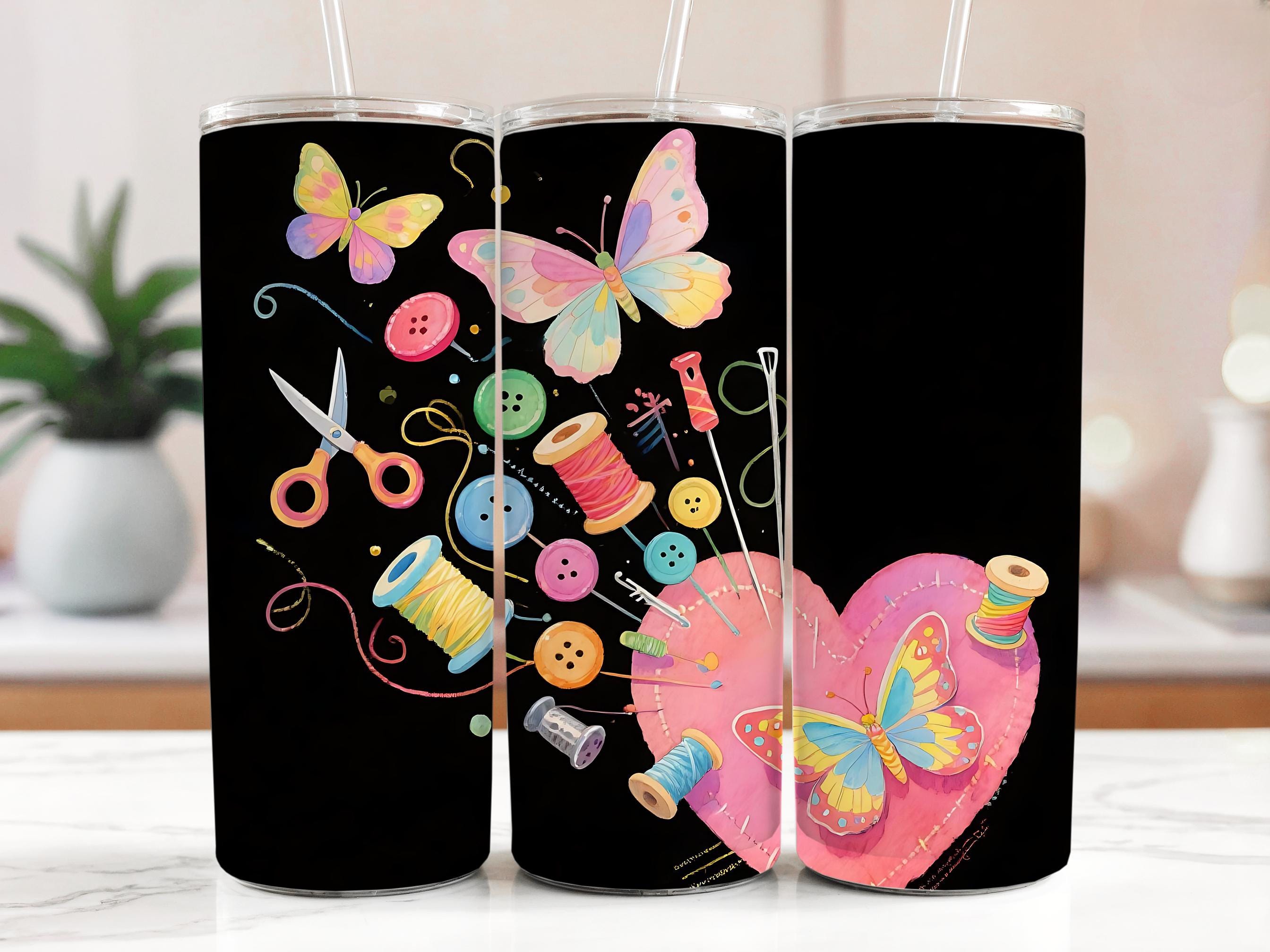 Butterfly Sewing Tumbler Wrap PNG: Craft Sublimation Art (Digital Download 20oz Tumbler, T-Shirt Design)