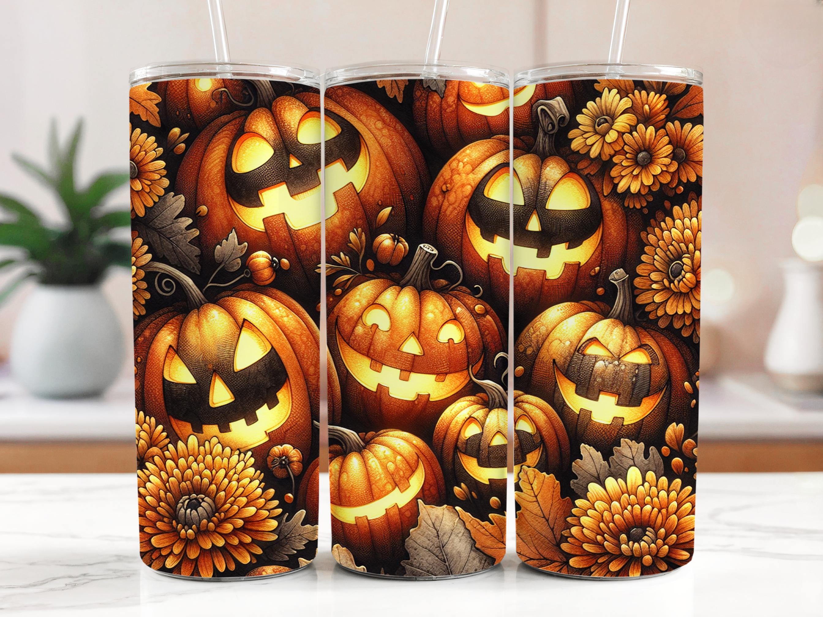 Jack O'Lantern Tumbler Wrap: Spooky Halloween Pumpkins Design (PNG Digital Download)