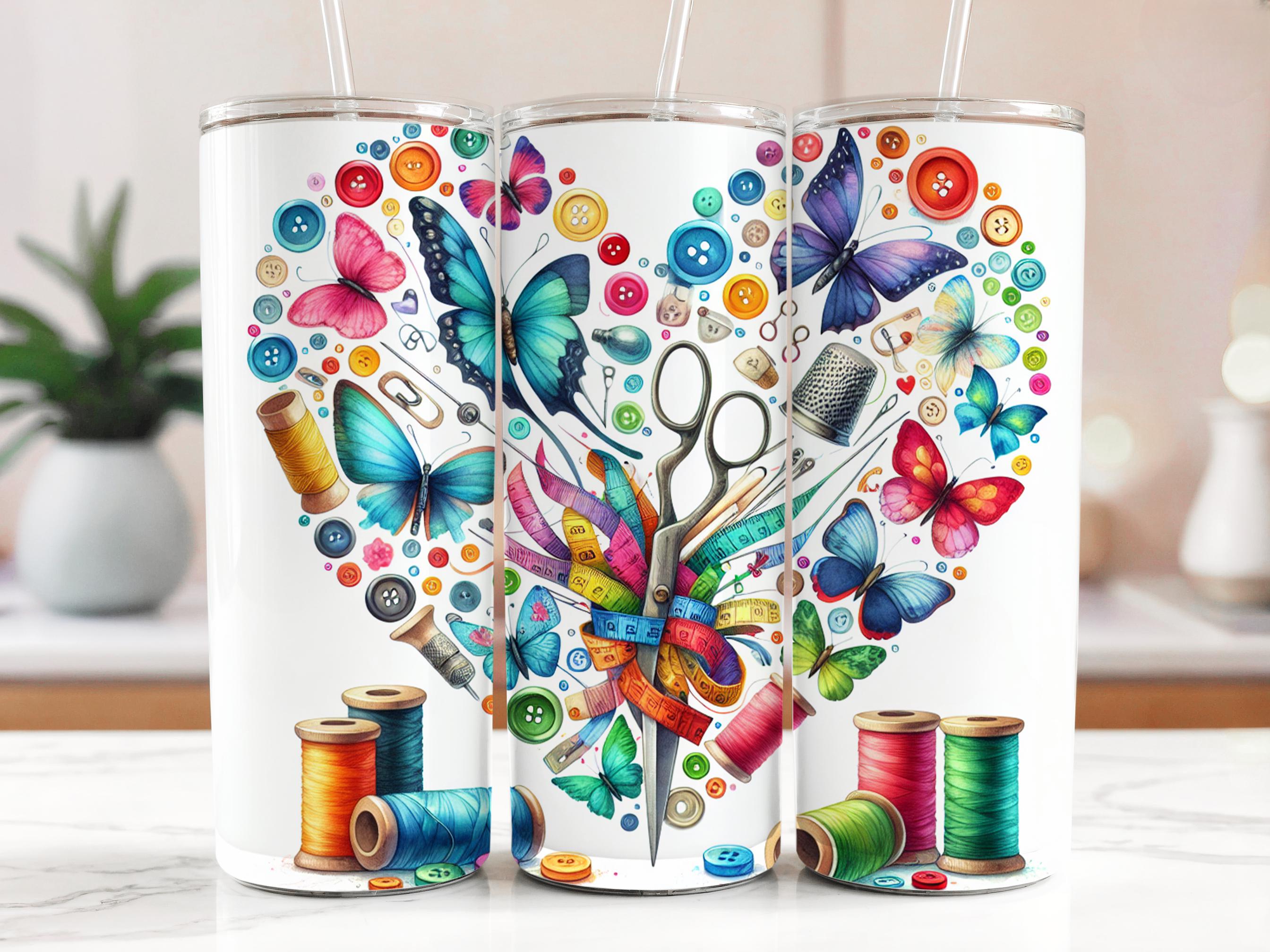 Butterfly Sewing Tumbler Wrap: Colorful Buttons, Spools PNG (Digital Download 20oz Skinny Tumbler Design)