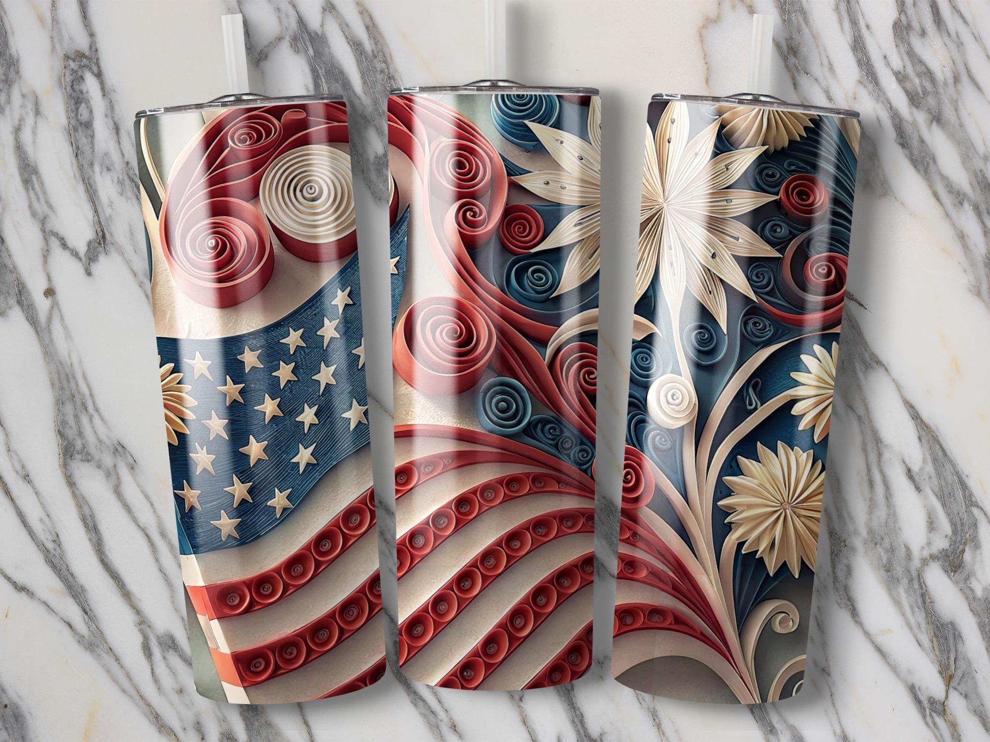 Quilled American Flag Tumbler Wrap: Patriotic PNG Design (Digital Download)