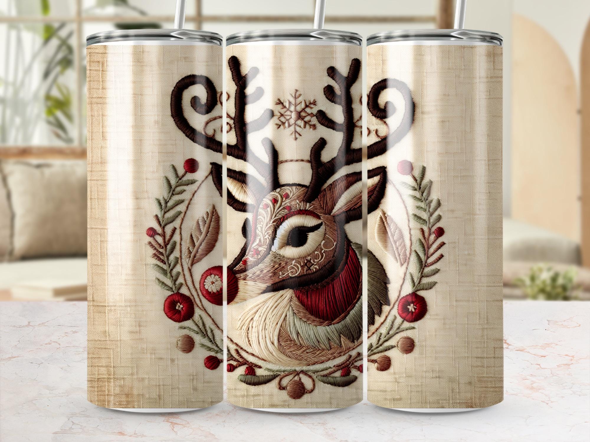 Embroidered Reindeer 20oz Tumbler Wrap: Christmas Holiday Design (Digital Download)