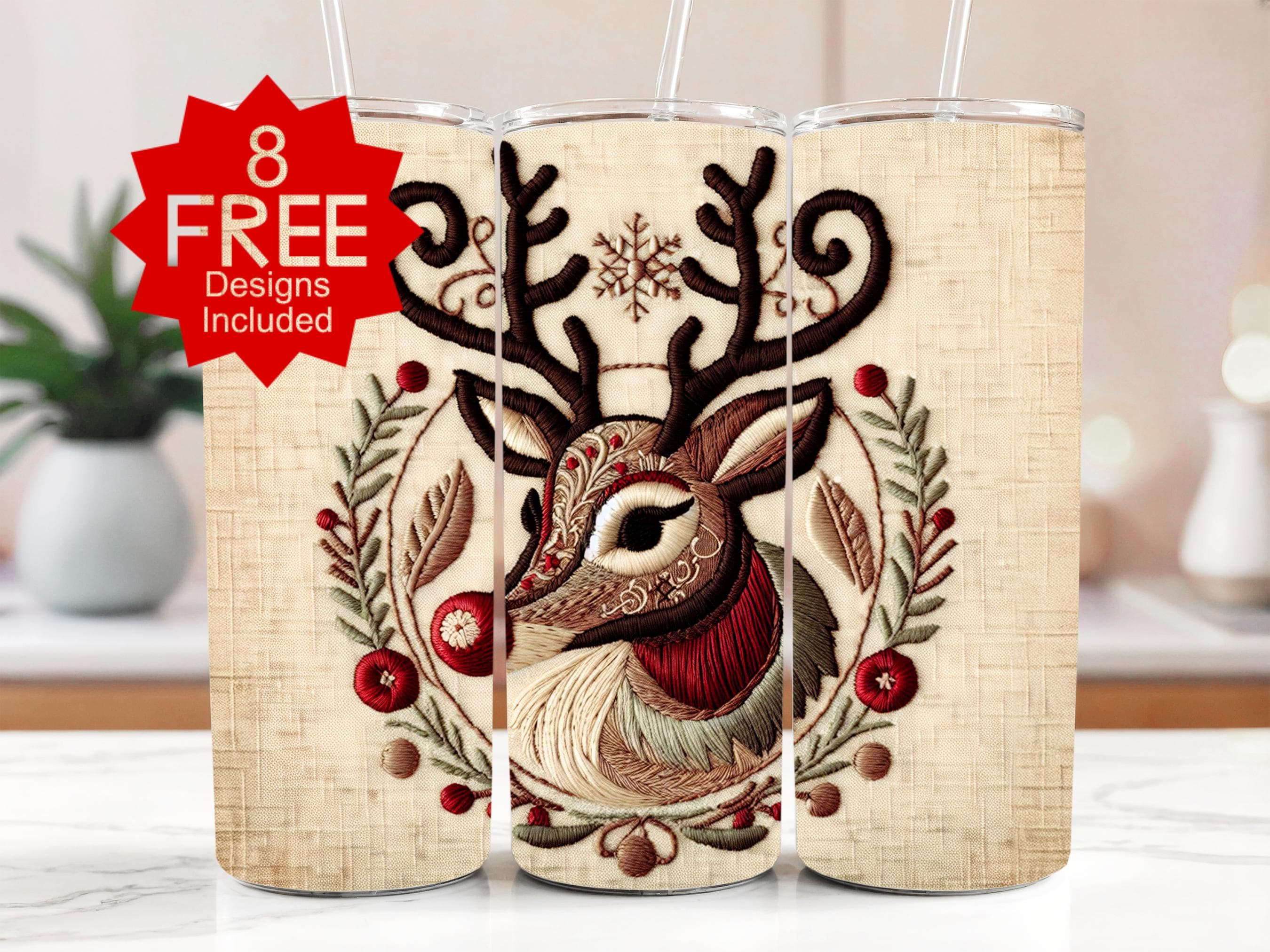 Embroidered Reindeer 20oz Tumbler Wrap: Christmas Holiday Design (Digital Download)