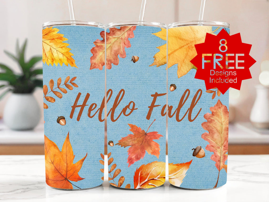 Hello Fall Tumbler Wrap, 20oz Autumn Leaves Tumbler PNG, Acorn Sublimation Designs, Fall Season Tumbler Wrap, Digital Download