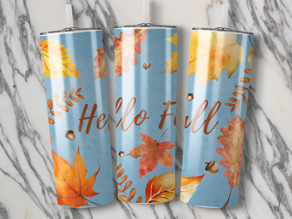 Hello Fall Tumbler Wrap, 20oz Autumn Leaves Tumbler PNG, Acorn Sublimation Designs, Fall Season Tumbler Wrap, Digital Download