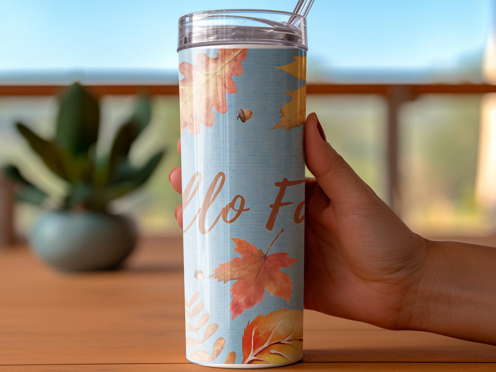 Hello Fall Tumbler Wrap, 20oz Autumn Leaves Tumbler PNG, Acorn Sublimation Designs, Fall Season Tumbler Wrap, Digital Download