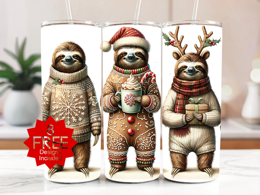 Christmas Sloth Tumbler Wrap: Holiday 20oz Skinny Tumbler PNG (Digital Download)