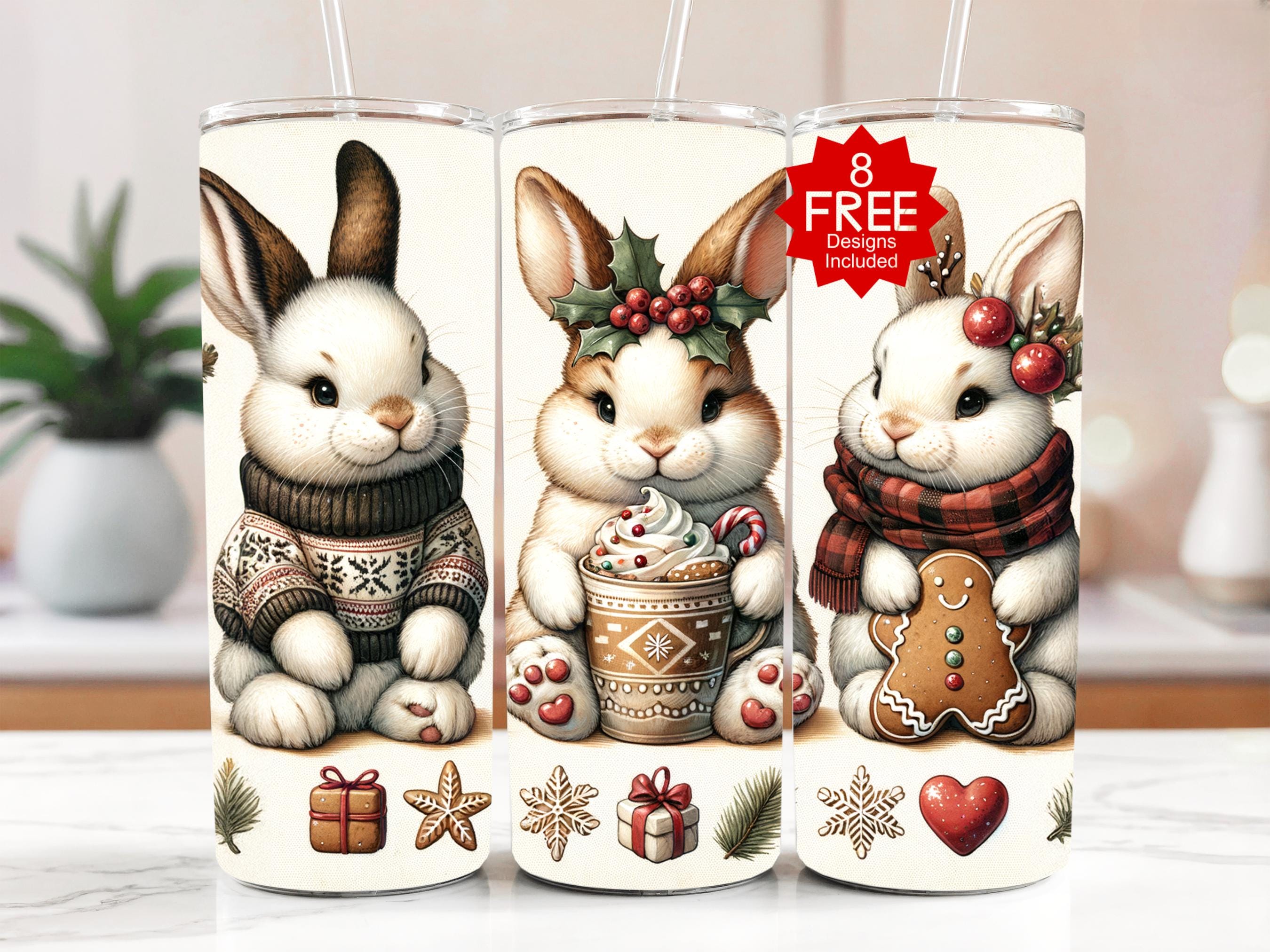 Winter Bunnies Tumbler Wrap: Christmas Rabbit Cocoa Design (Digital Download)