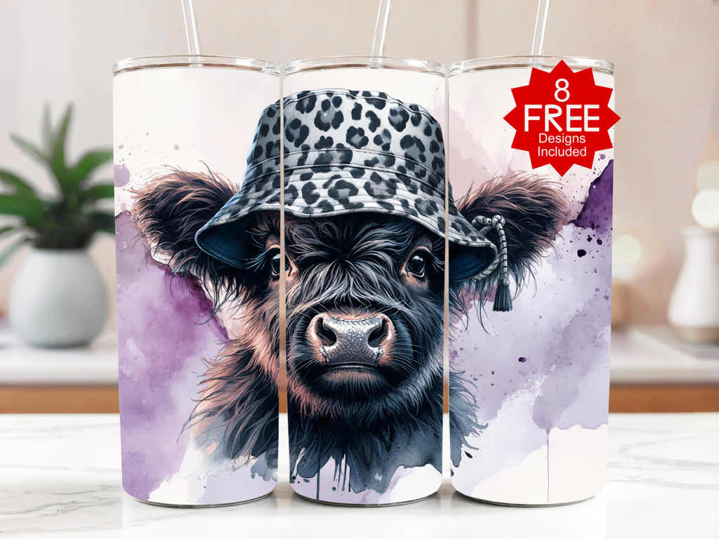 Highland Cow Tumbler Wrap: Leopard Bucket Hat Calf Design (Digital Download)