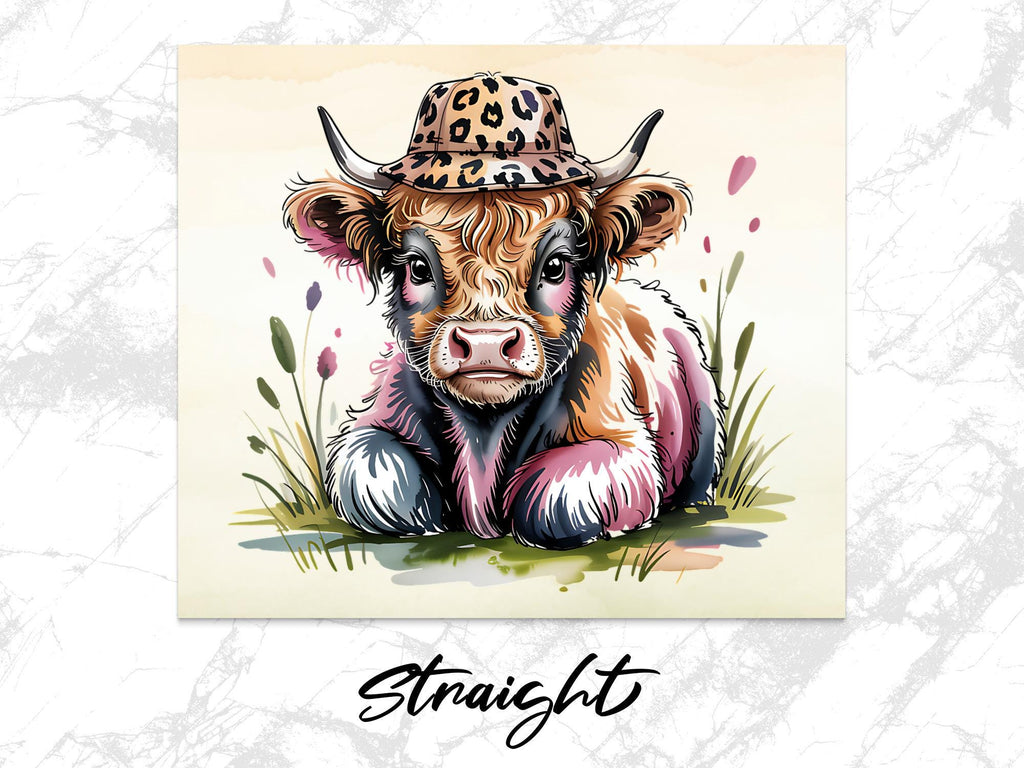 Highland Cow Tumbler Wrap: Leopard Hat, Funny Baby Cow (Digital Download)