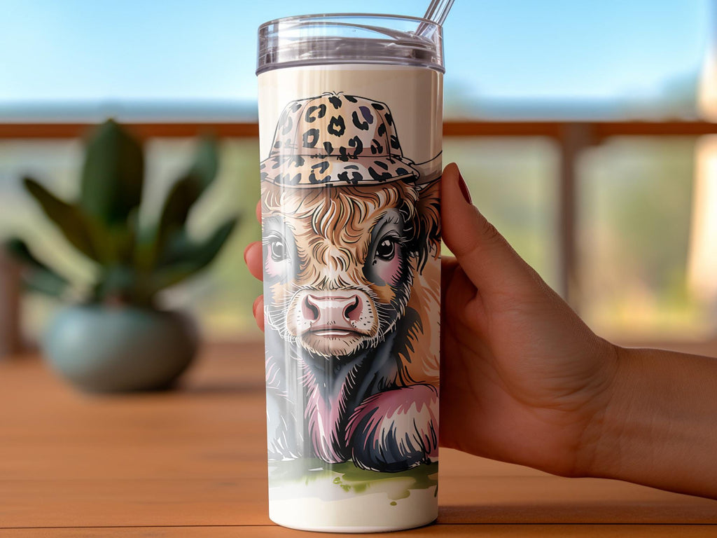 Highland Cow Tumbler Wrap: Leopard Hat, Funny Baby Cow (Digital Download)
