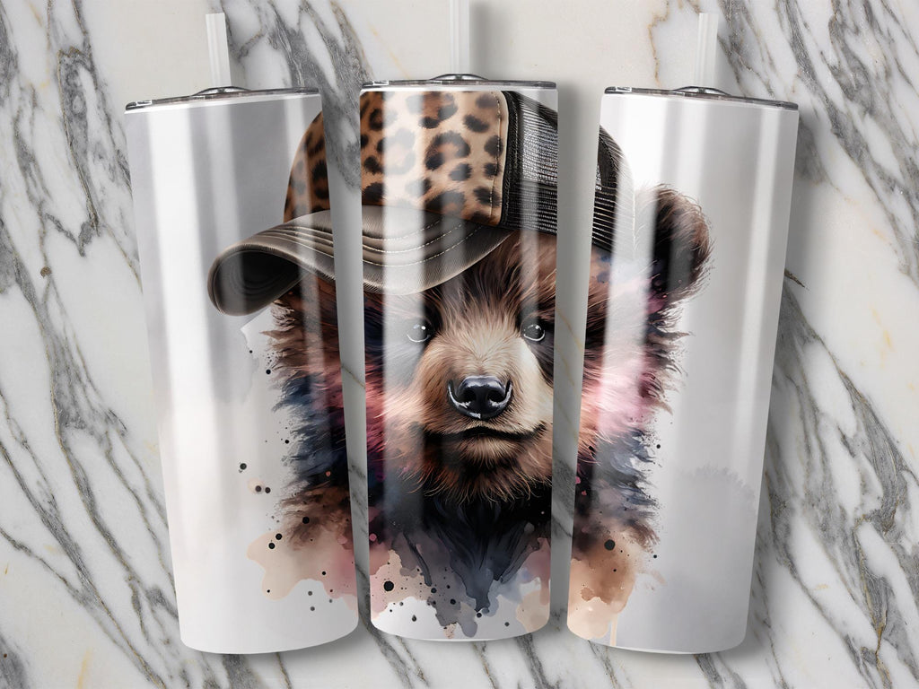 Bear in Leopard Hat Tumbler Wrap: Funny Animal Design (Digital Download)