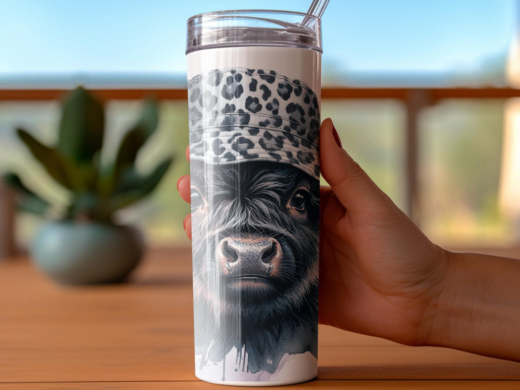 Highland Cow Tumbler Wrap: Leopard Bucket Hat Calf Design (Digital Download)