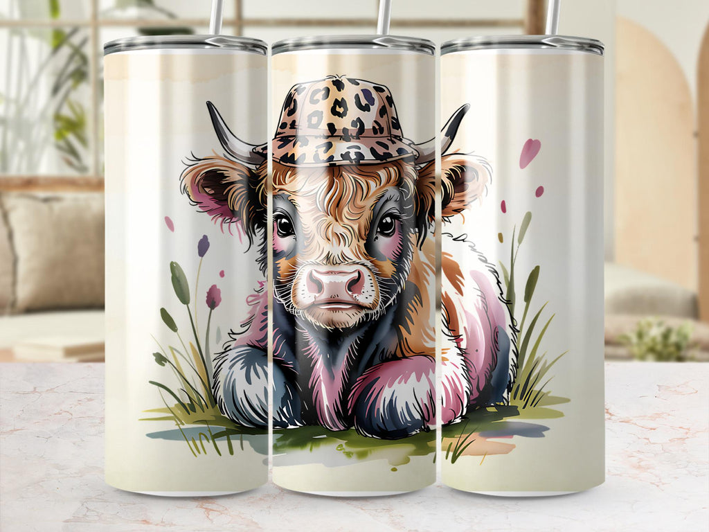 Highland Cow Tumbler Wrap: Leopard Hat, Funny Baby Cow (Digital Download)