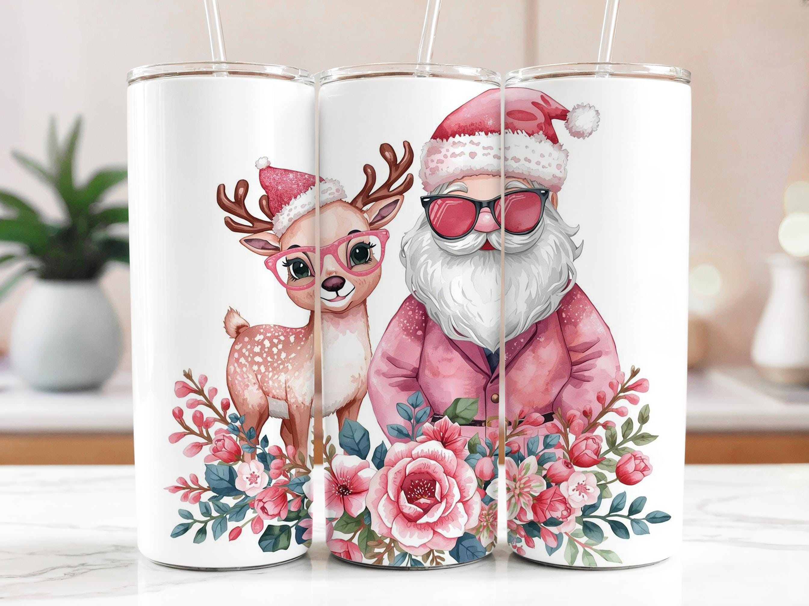 Retro Santa Reindeer Tumbler Wrap: Floral Christmas Sublimation (PNG)