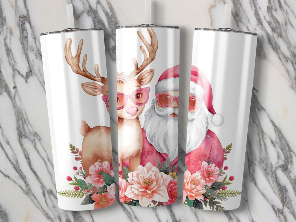 Pink Santa Reindeer Tumbler Wrap: Floral Christmas Design (PNG Digital Download)