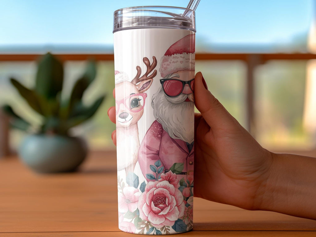 Retro Santa Reindeer Tumbler Wrap: Floral Christmas Sublimation (PNG)