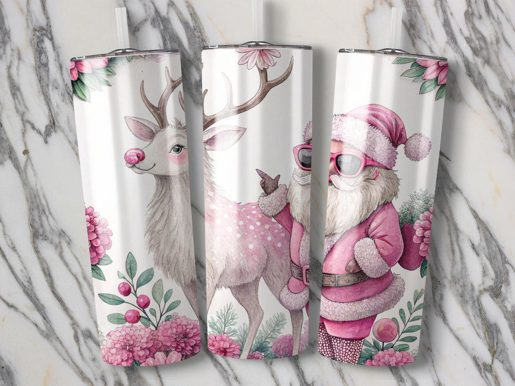 Pink Retro Santa Reindeer Tumbler Wrap: Floral Christmas PNG (Digital Download)