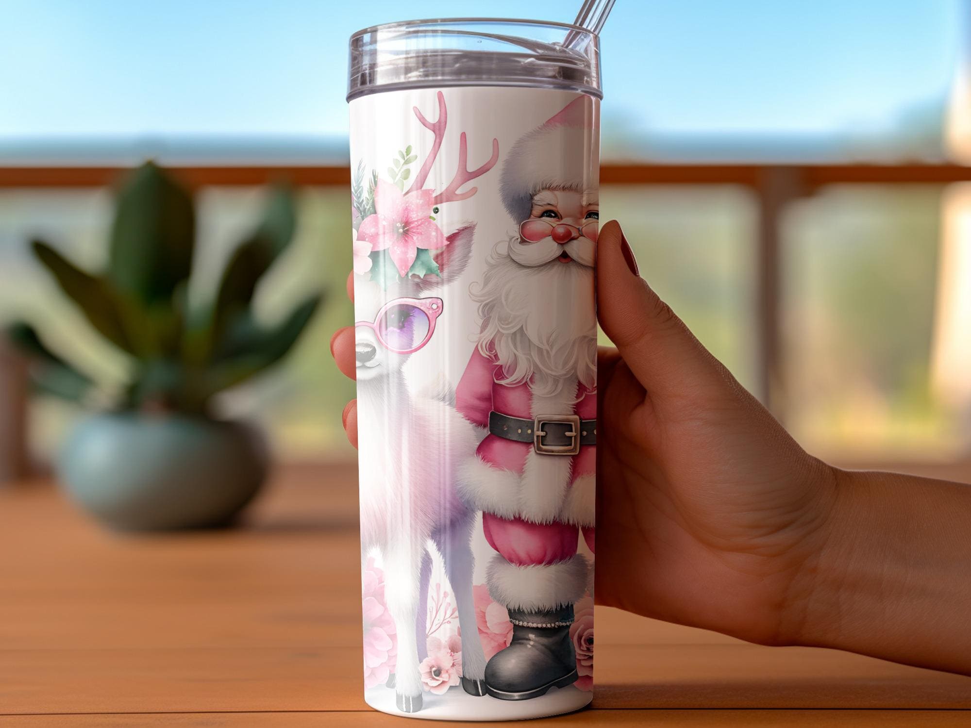 Floral Deer Santa Tumbler Wrap: 20oz Skinny Tumbler Sublimation (PNG Digital Download)