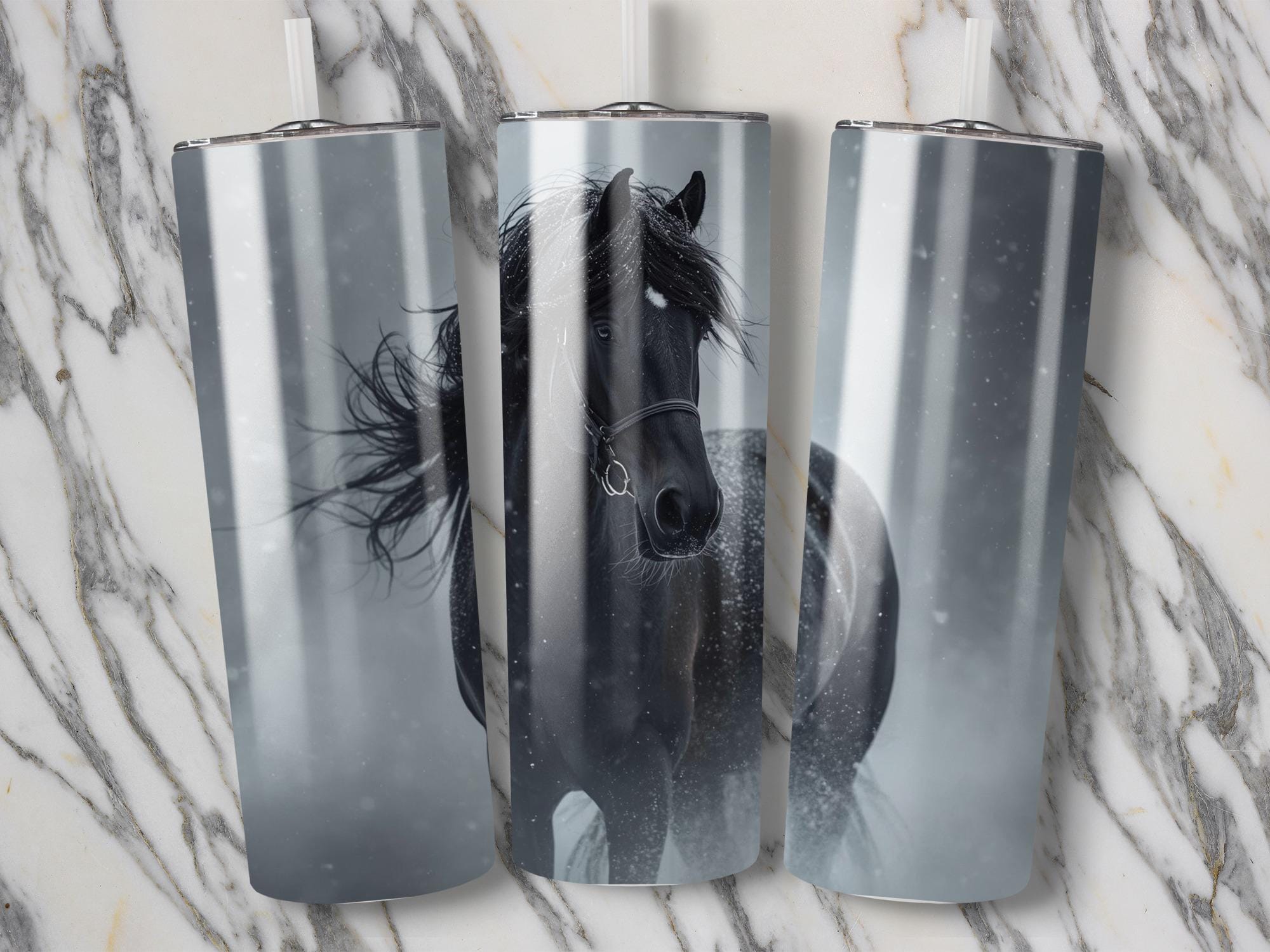 Black Horse Tumbler Wrap: Snowy Friesian Sublimation Design (Digital Download)