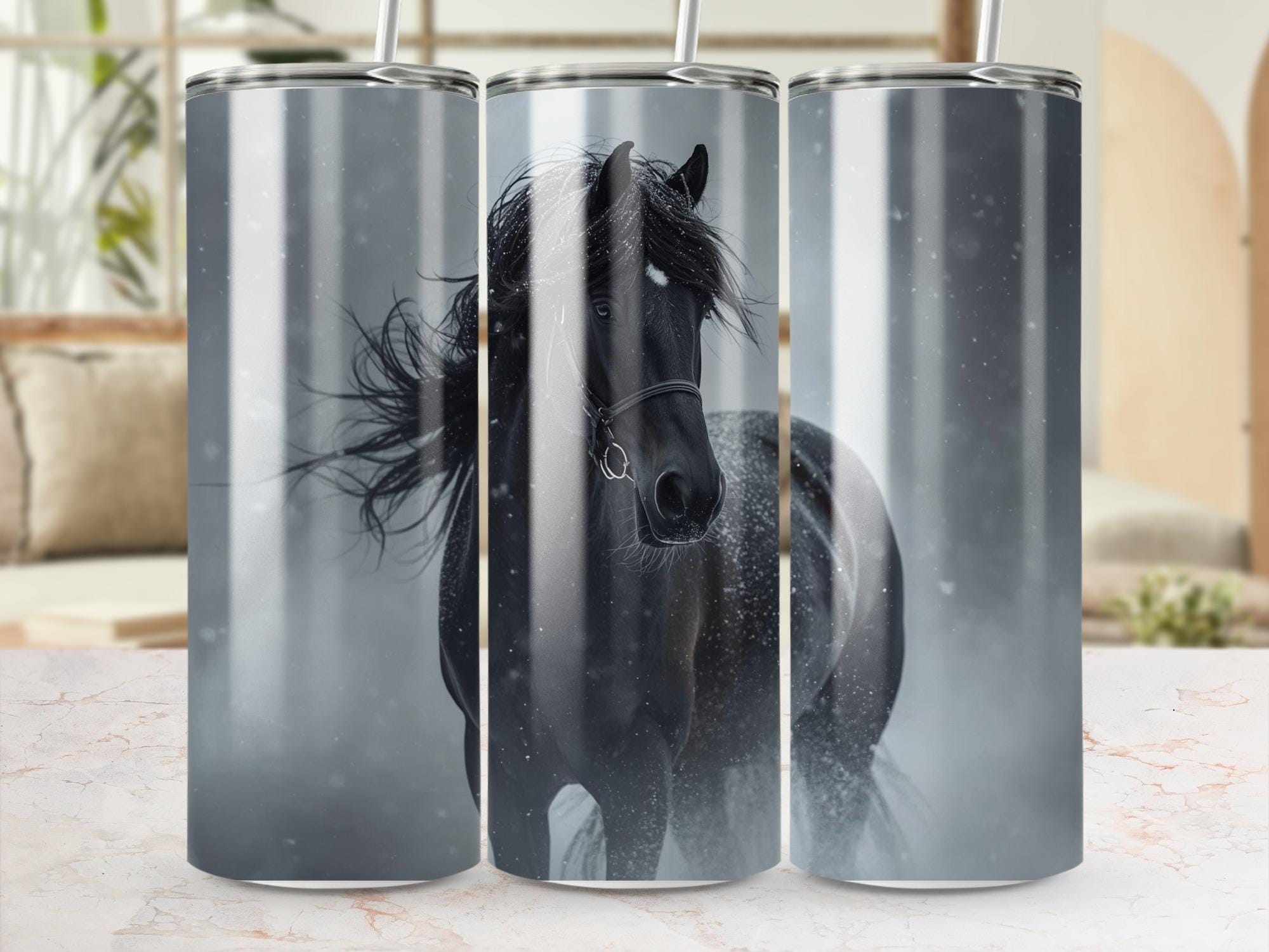 Black Horse Tumbler Wrap: Snowy Friesian Sublimation Design (Digital Download)