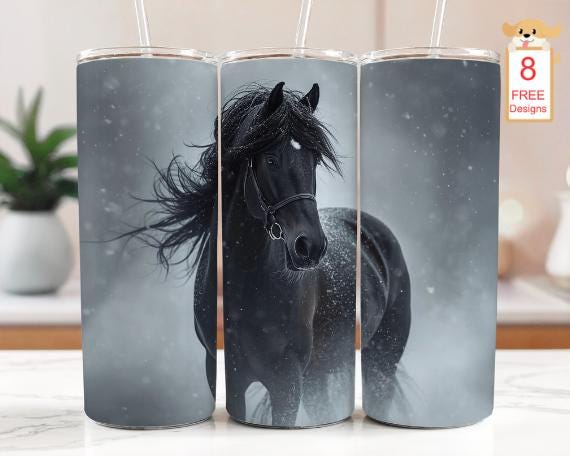 Black Horse Tumbler Wrap: Snowy Friesian Sublimation Design (Digital Download)