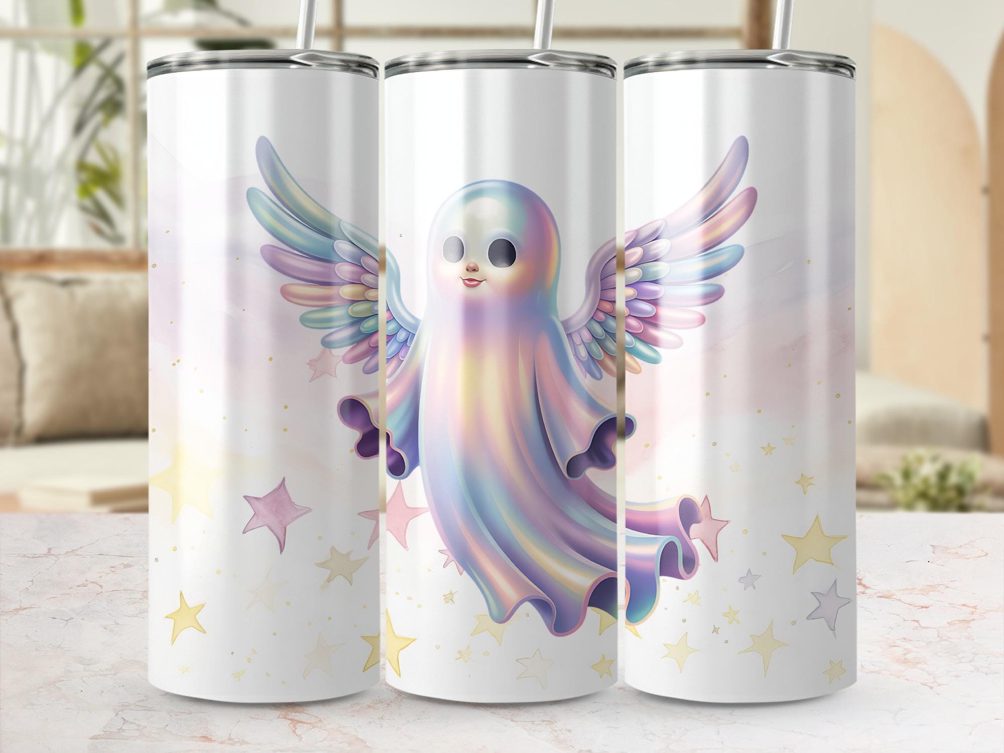 Rainbow Ghost Tumbler Wrap: Angel Wings, 20oz Skinny Tumbler (Digital Download)