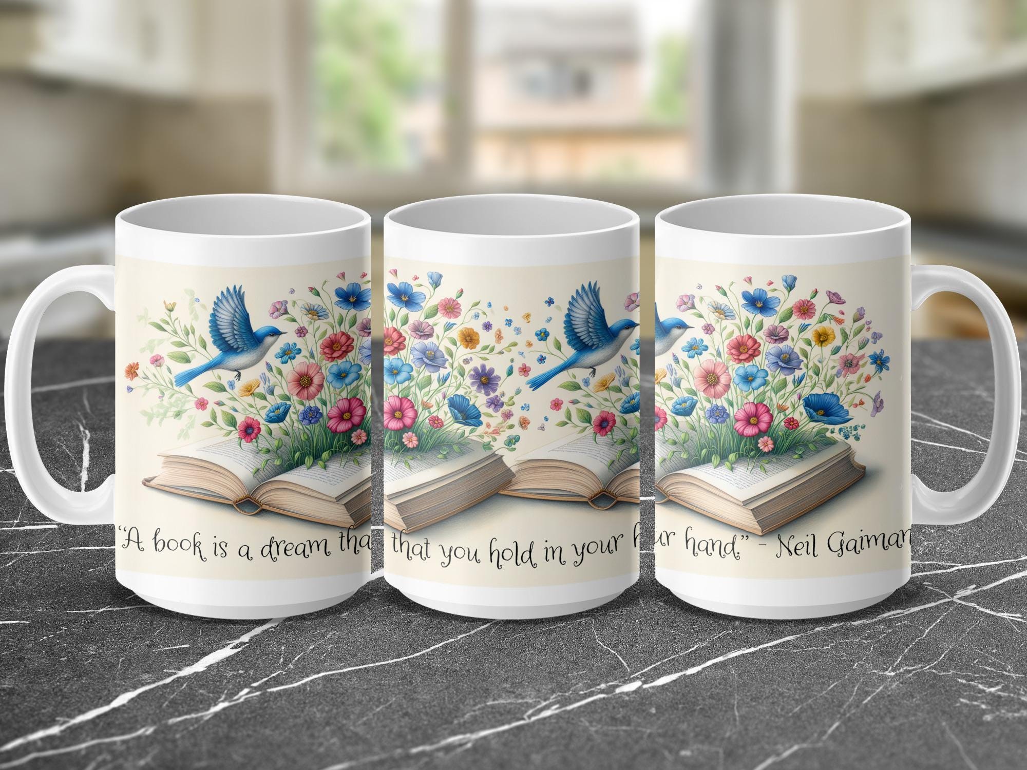 Book Lover Mugs Glassware, Floral Bluebird Design, Neil Gaiman Quote, Gift For Bookworms, Book Club Gift, 'A Book is a Dream' Mug,