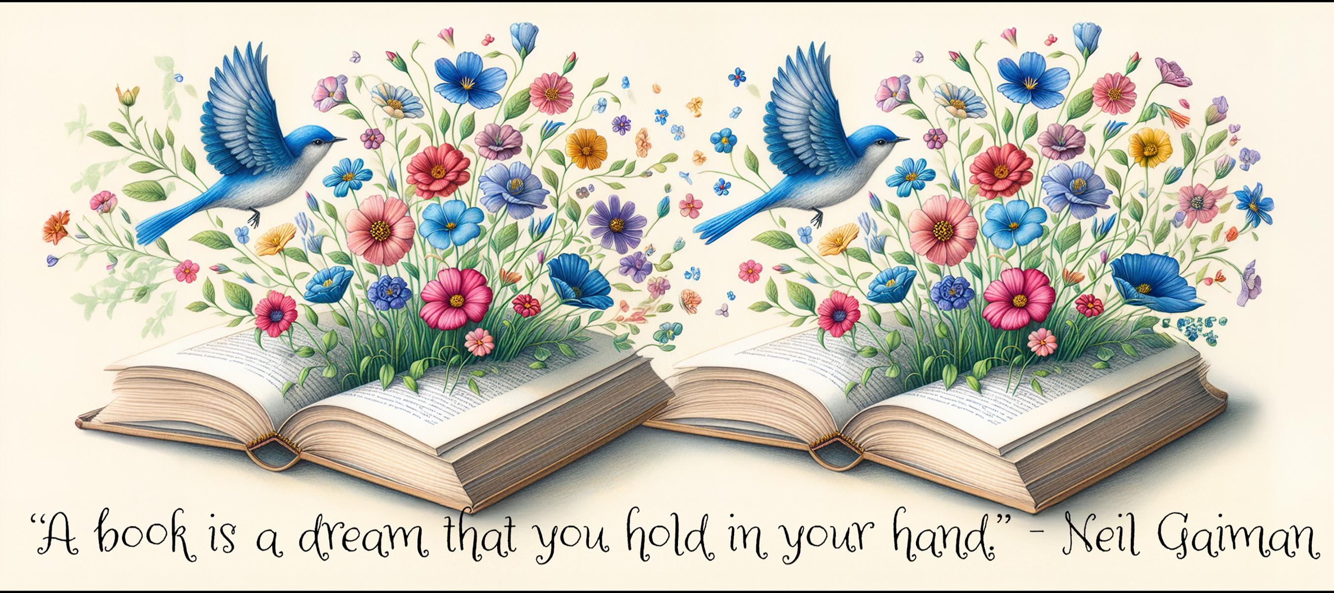Book Lover Mugs Glassware, Floral Bluebird Design, Neil Gaiman Quote, Gift For Bookworms, Book Club Gift, 'A Book is a Dream' Mug,