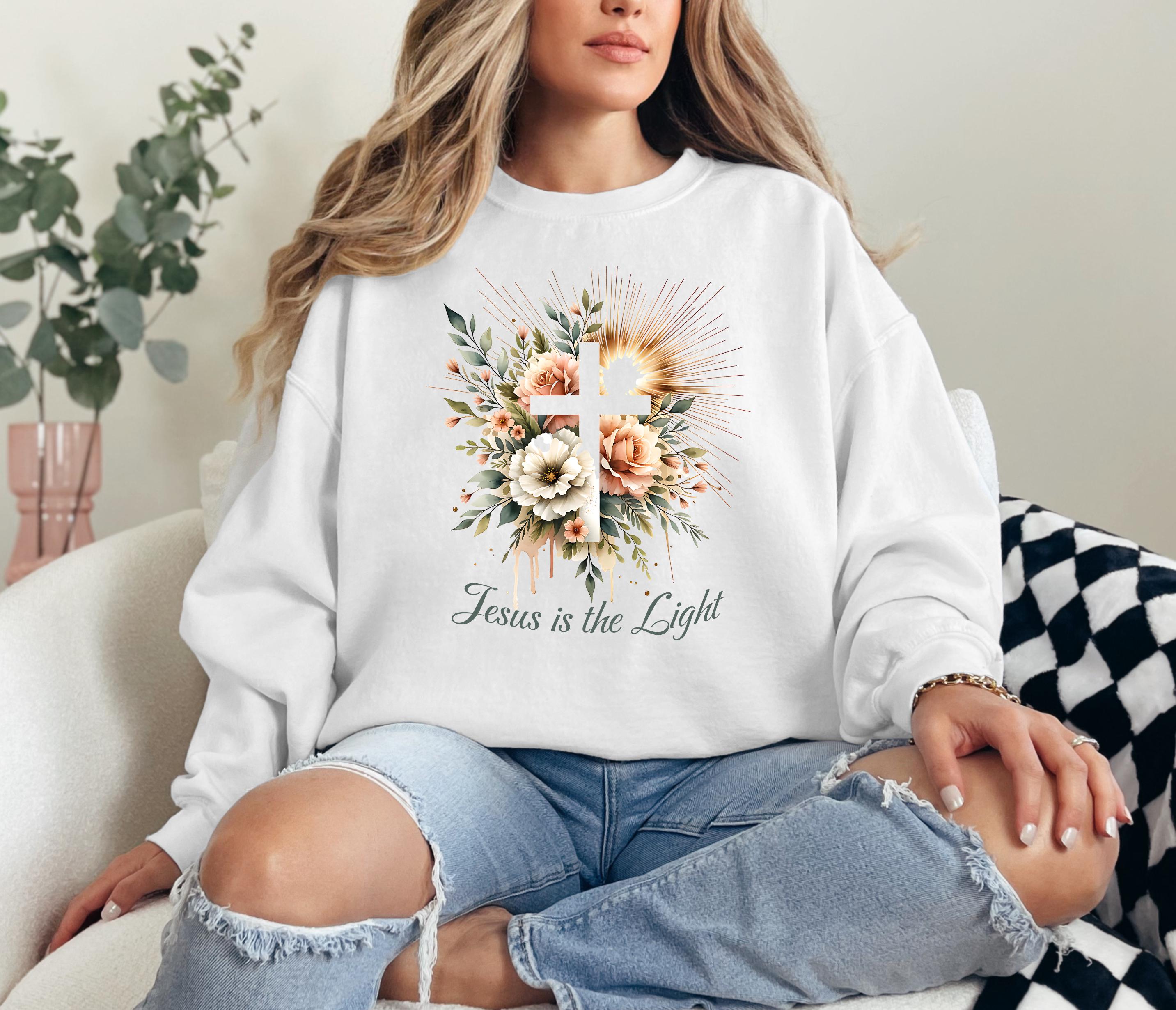 Floral Cross 'Jesus is the Light' PNG: Christian T-Shirt Sublimation (Digital Download)