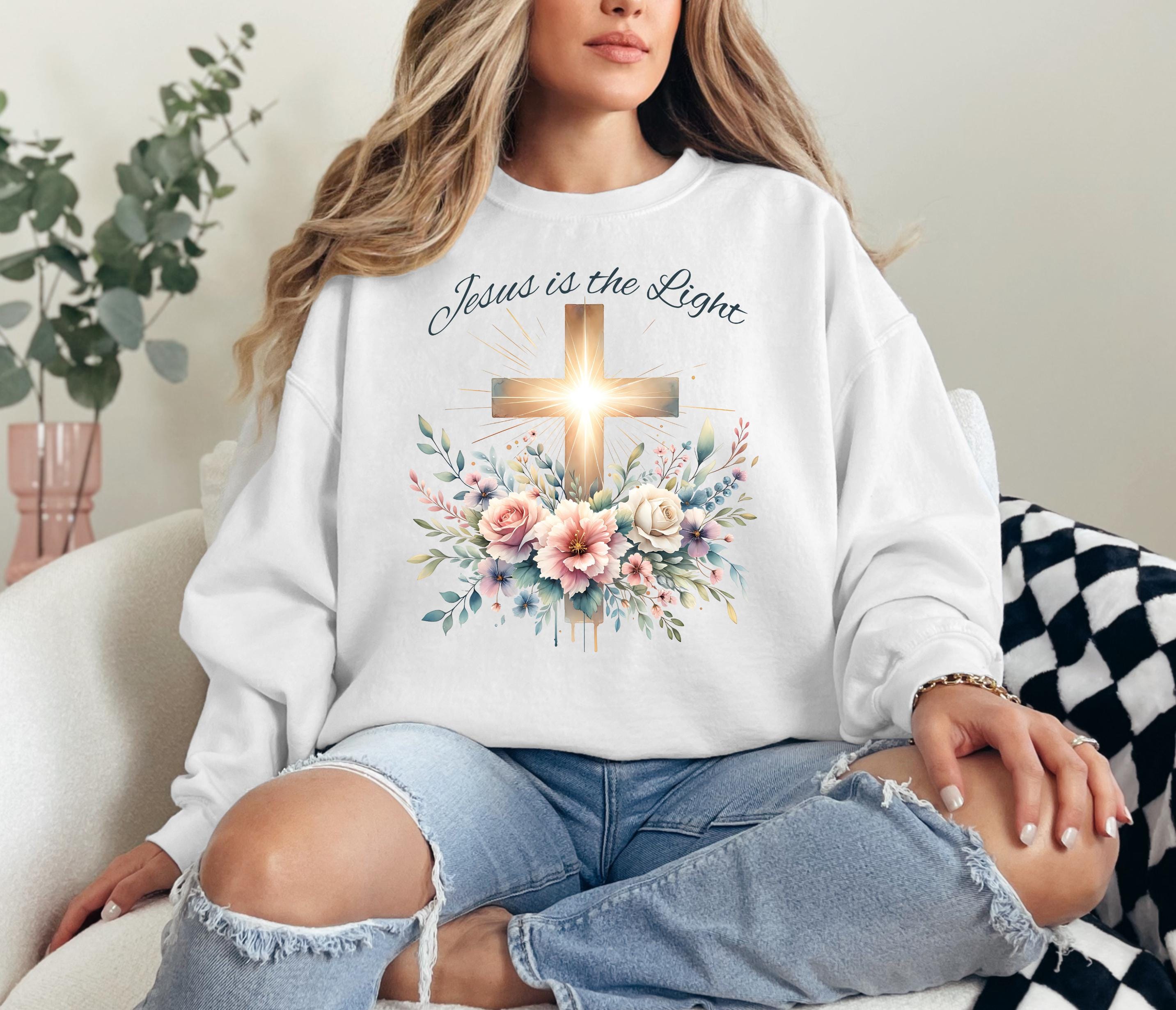 Floral Cross 'Jesus is the Light' PNG: Christian T-Shirt Design (Digital Download)