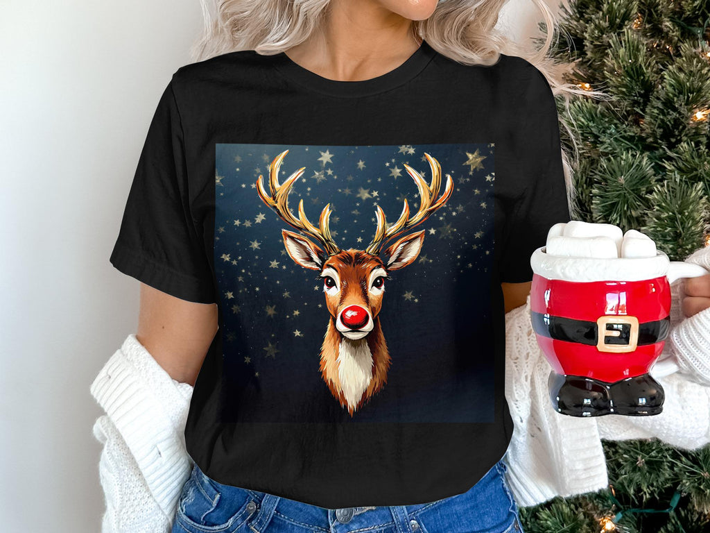 Red Nosed Reindeer Art Print: Christmas Starry Night Illustration (Digital Download)