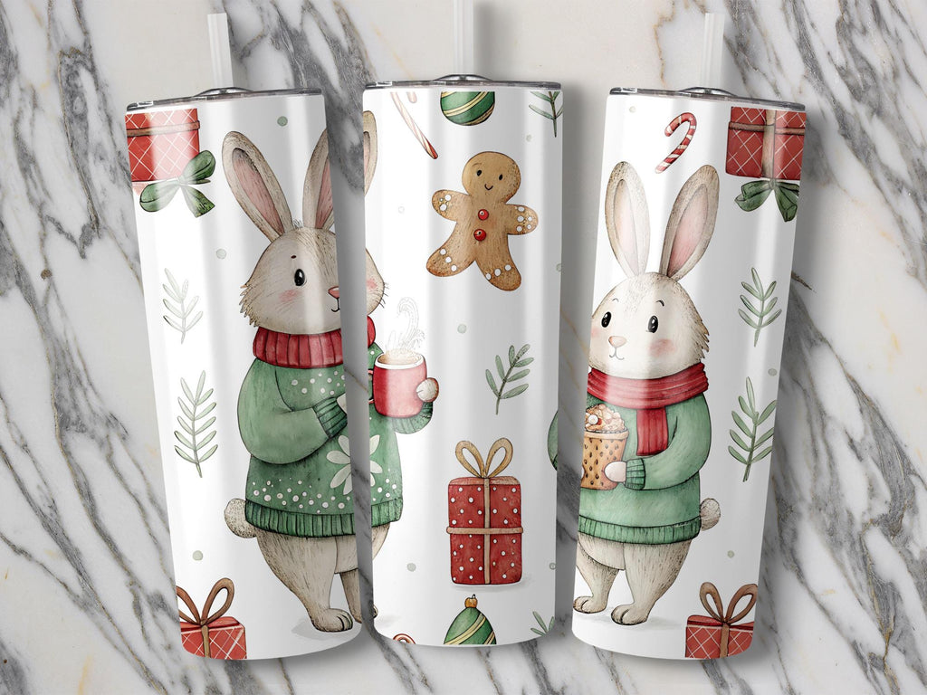 Christmas Bunny Tumbler Wrap: Winter Rabbit Sublimation Design (PNG)