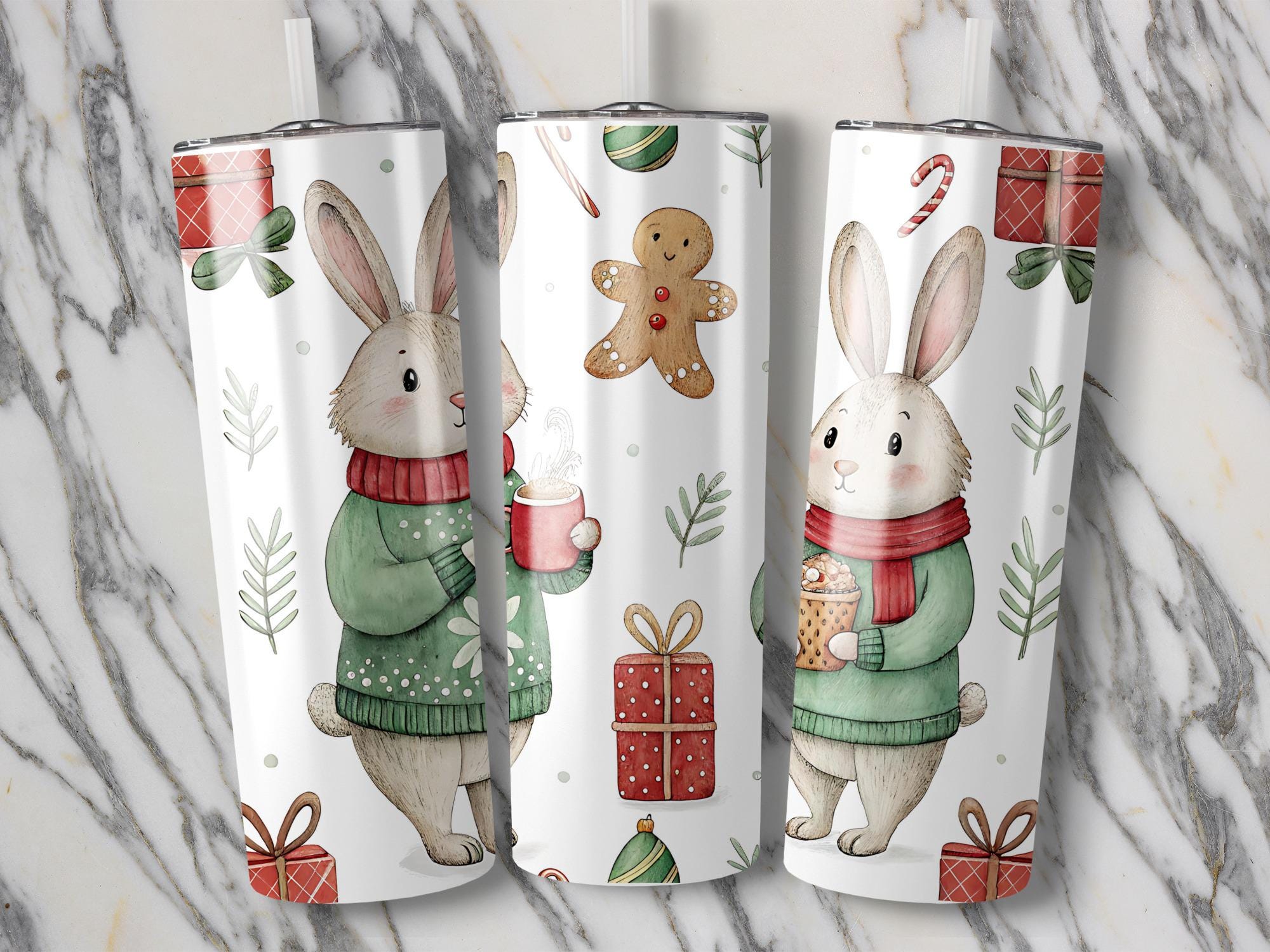 Christmas Bunny Tumbler Wrap: Winter Rabbit Sublimation Design (PNG)