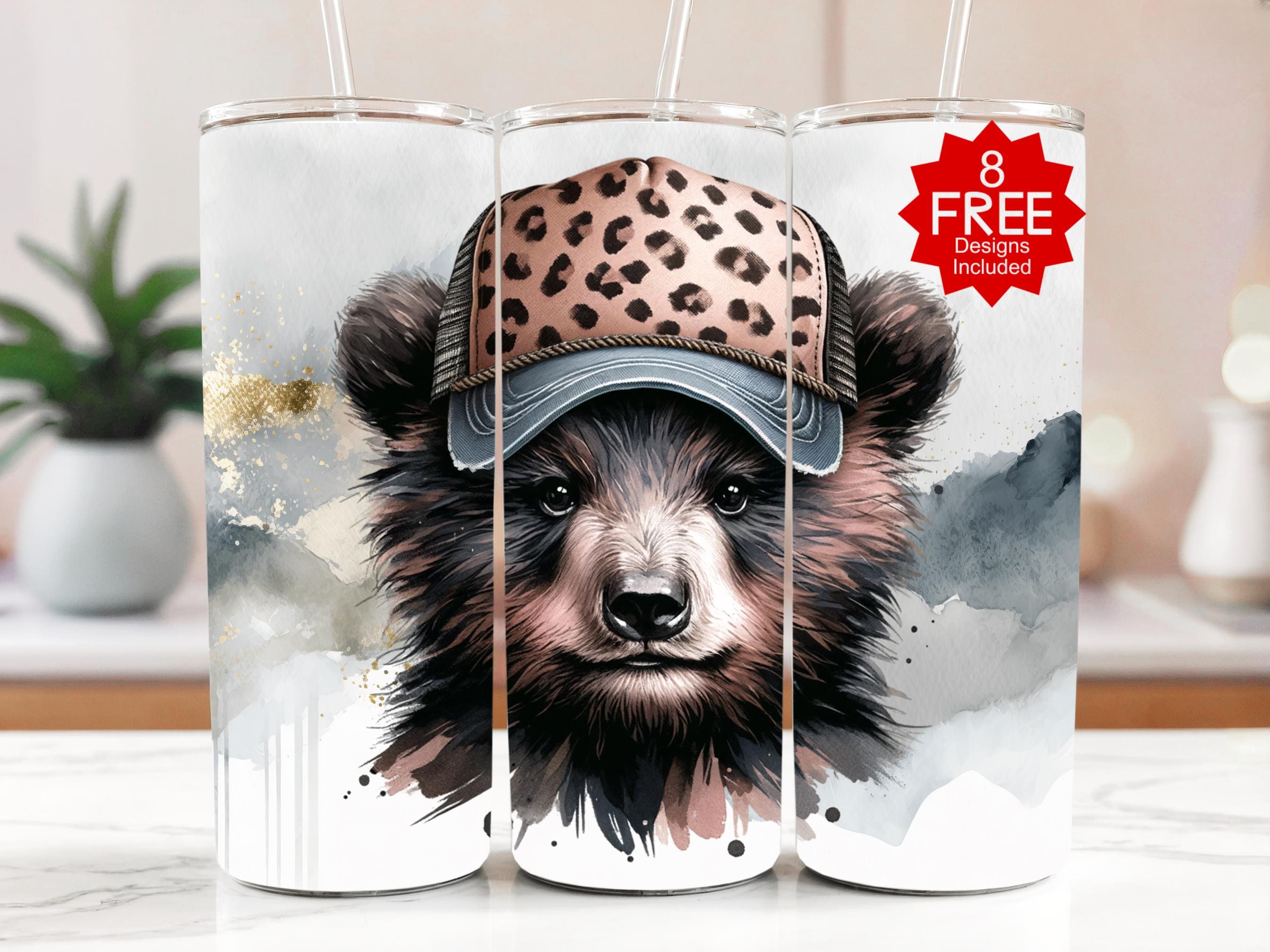 Bear in Trucker Hat Tumbler Wrap - Animal Clipart (Digital Download)