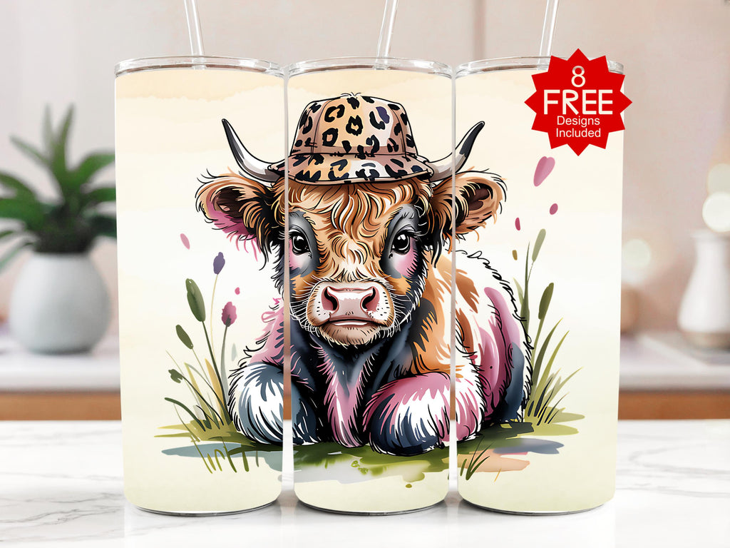 Highland Cow Tumbler Wrap: Leopard Hat, Funny Baby Cow (Digital Download)