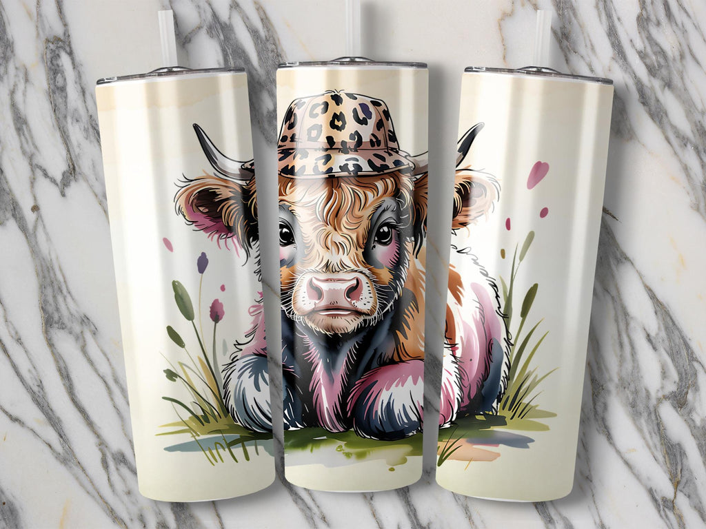 Highland Cow Tumbler Wrap: Leopard Hat, Funny Baby Cow (Digital Download)