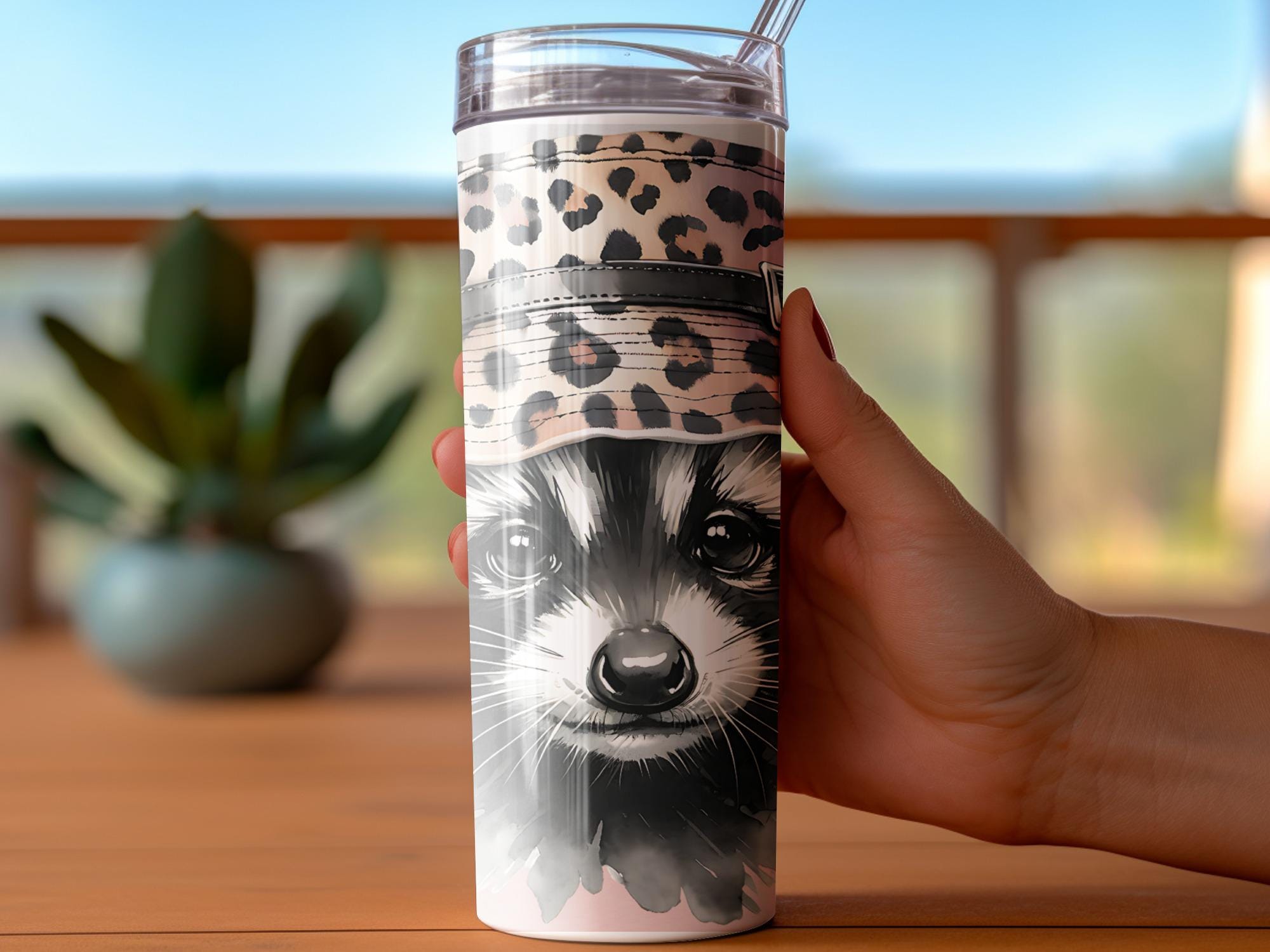 Raccoon in Leopard Bucket Hat Tumbler Wrap Design (PNG Digital Download)
