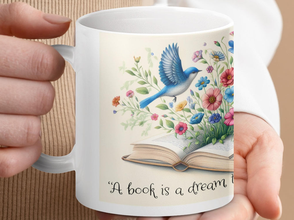 Book Lover Mugs Glassware, Floral Bluebird Design, Neil Gaiman Quote, Gift For Bookworms, Book Club Gift, 'A Book is a Dream' Mug,