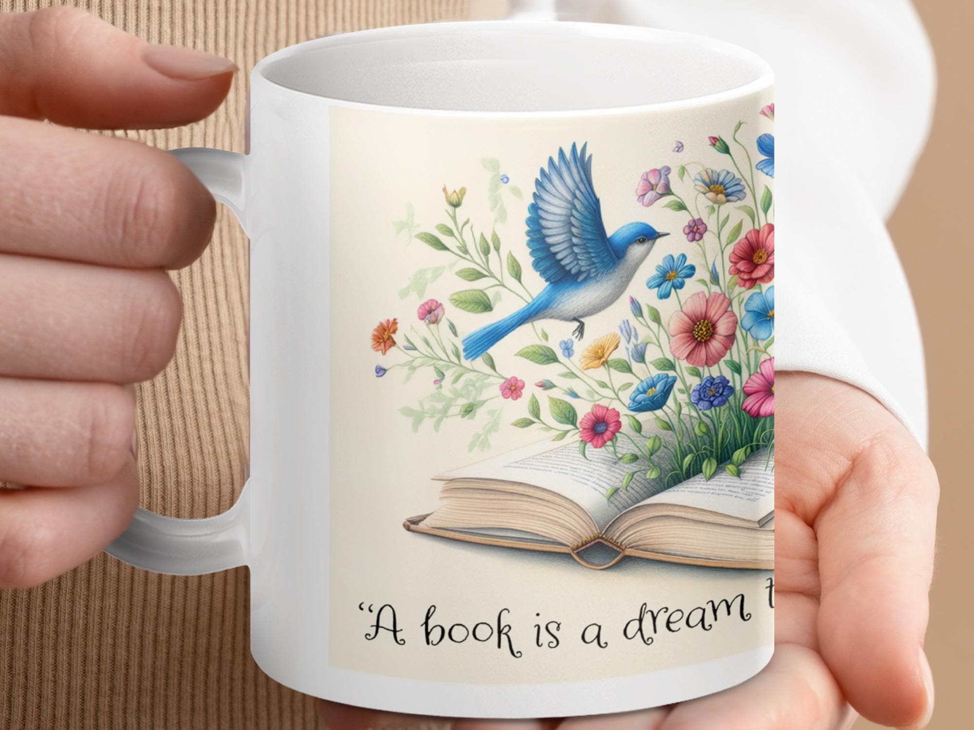 Book Lover Mugs Glassware, Floral Bluebird Design, Neil Gaiman Quote, Gift For Bookworms, Book Club Gift, 'A Book is a Dream' Mug,