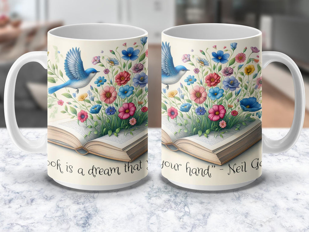 Book Lover Mugs Glassware, Floral Bluebird Design, Neil Gaiman Quote, Gift For Bookworms, Book Club Gift, 'A Book is a Dream' Mug,