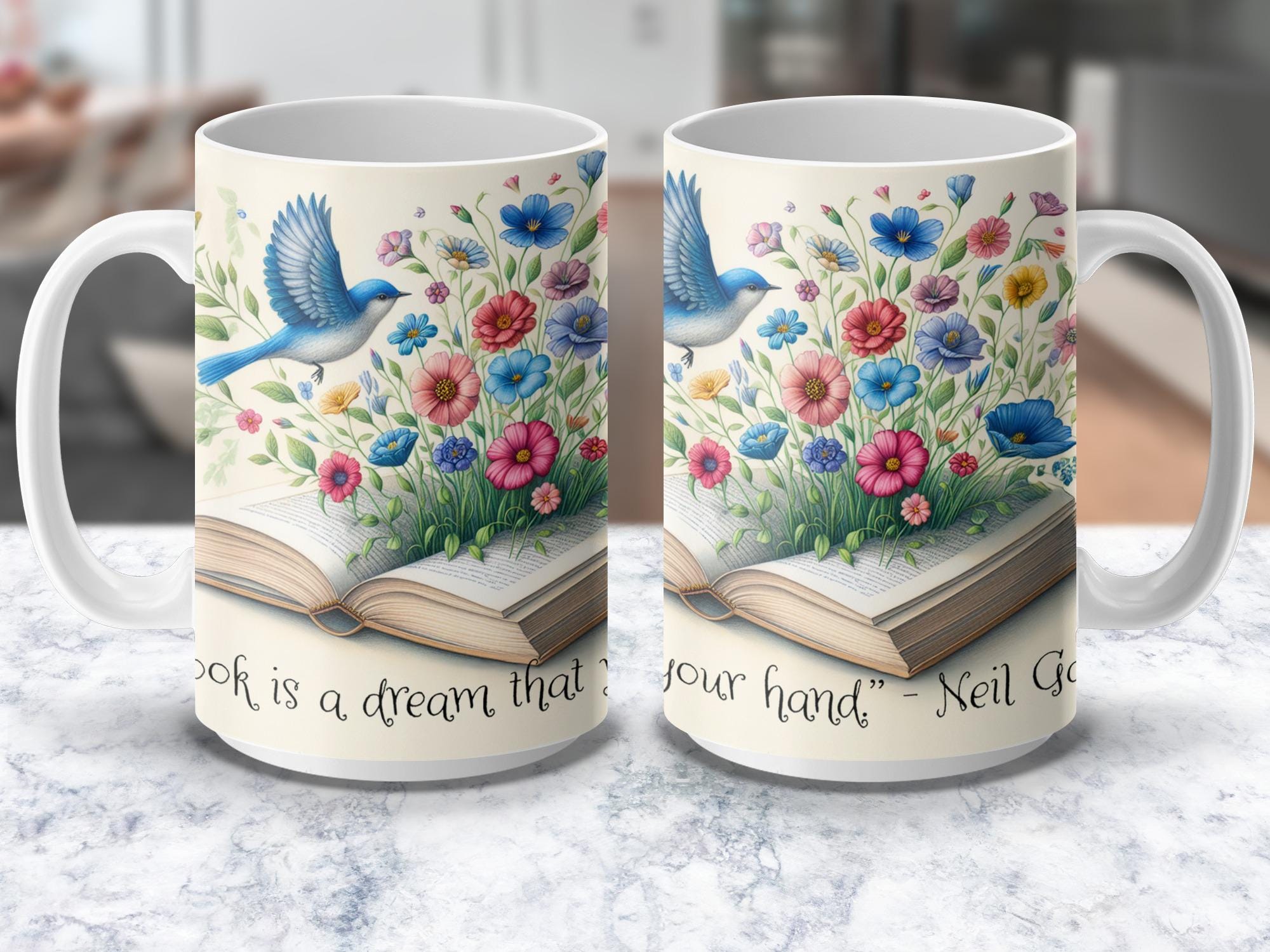 Book Lover Mugs Glassware, Floral Bluebird Design, Neil Gaiman Quote, Gift For Bookworms, Book Club Gift, 'A Book is a Dream' Mug,